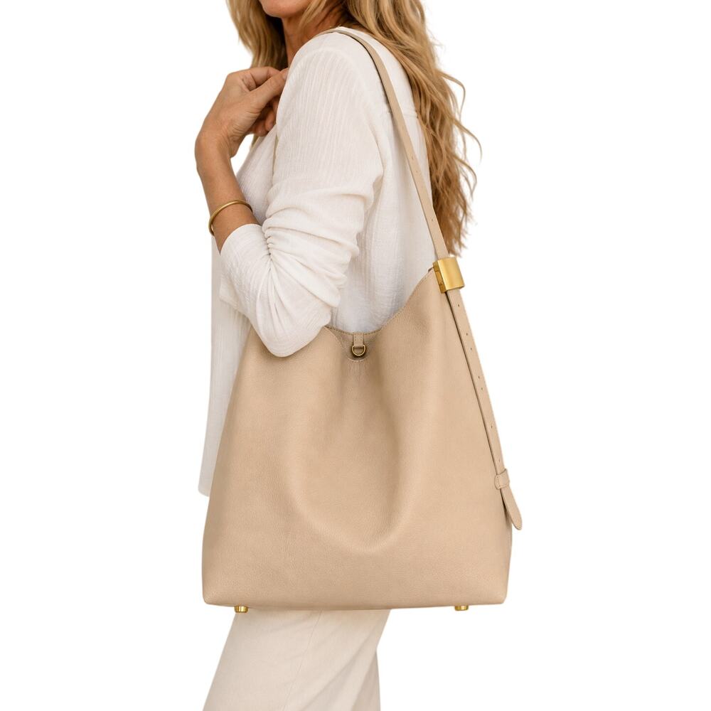 Made in Italy XL Ivory Genuine Leather Hobo Shoulder Bag Gold Hardware Pouch